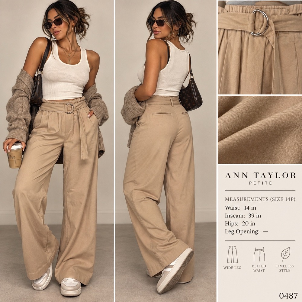 Ann Taylor Petite Camel Wide Leg Belted Trousers High Rise Pleated Pants 0487